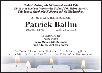 Traueranzeige von Patrick Ballin von Mitteldeutsche Zeitung Bernburg
