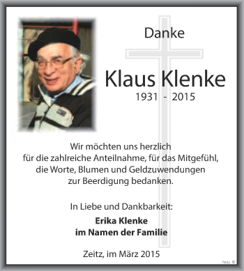 Traueranzeige von Klaus Klenke von WVG - Wochenspiegel NMB / WSF / ZTZ