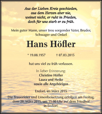 Traueranzeige von Hans Höfler von Super Sonntag Aschersleben