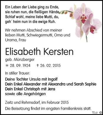 Traueranzeige von Elisabeth Kersten von Super Sonntag Zeitz