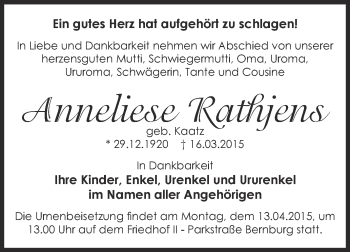 Traueranzeige von Anneliese Rathjens von Super Sonntag Bernburg