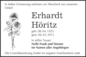Traueranzeige von Erhardt Höritz von Super Sonntag Merseburg