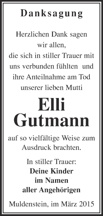 Traueranzeige von Elli Gutmann von WVG - Wochenspiegel Bitterfeld