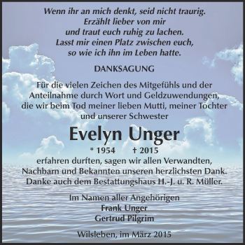 Traueranzeige von Evelyn Unger von Super Sonntag Aschersleben