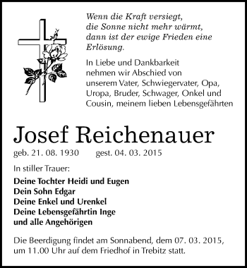Traueranzeige von Josef Reichenauer von Mitteldeutsche Zeitung Wittenberg