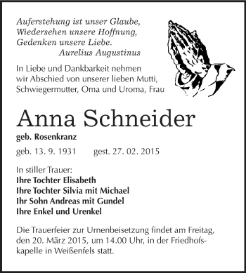 Traueranzeige von Anna Schneider von WVG - Wochenspiegel NMB / WSF / ZTZ