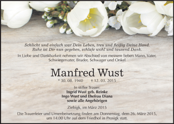 Traueranzeige von Manfred Wust von Mitteldeutsche Zeitung Köthen