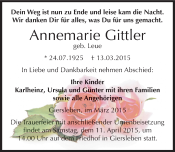 Traueranzeige von Annemarie Gittler von Mitteldeutsche Zeitung Aschersleben