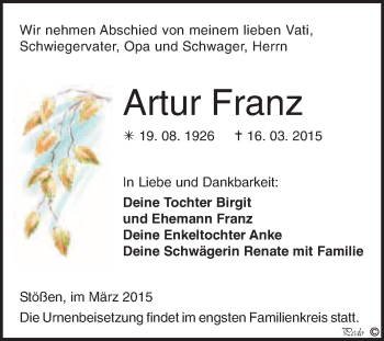 Traueranzeige von Artur Franz von WVG - Wochenspiegel NMB / WSF / ZTZ