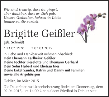 Traueranzeige von Brigitte Geißler von WVG - Wochenspiegel Merseburg