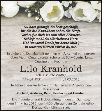 Traueranzeige von Lilo Kranhold von Mitteldeutsche Zeitung Dessau-Roßlau