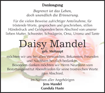 Traueranzeige von Daisy Mandel von WVG - Wochenspiegel NMB / WSF / ZTZ