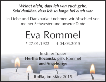 Traueranzeige von Eva Rommel von WVG - Wochenspiegel SGH