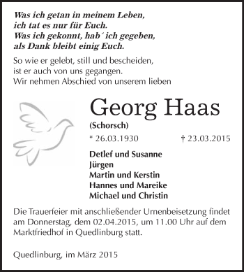 Traueranzeige von Georg Haas von WVG - Wochenspiegel Quedlinburg