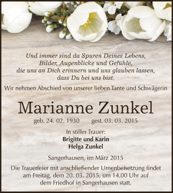 Traueranzeige von Marianne Zunkel von Super Sonntag SGH Mansf. Land