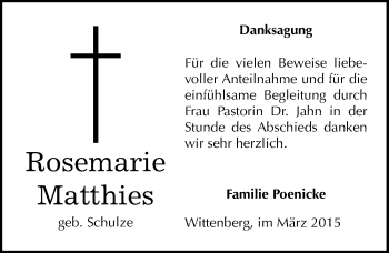 Traueranzeige von Rosemarie Matthies von Mitteldeutsche Zeitung Wittenberg