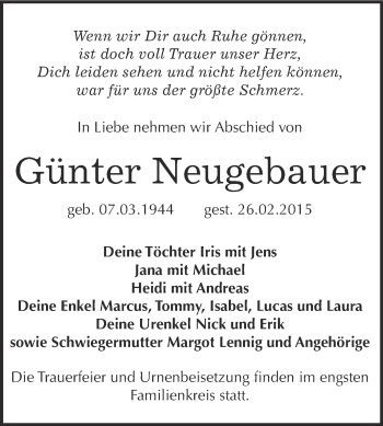 Traueranzeige von Günter  Neugebauer von WVG - Wochenspiegel Wittenberg