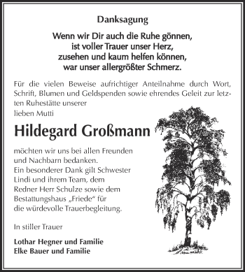 Traueranzeige von Hildegard Großmann von WVG - Wochenspiegel Dessau / Köthen