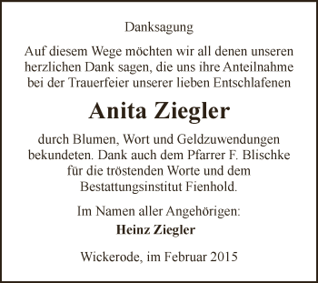Traueranzeige von Anita Ziegler von Super Sonntag SGH Mansf. Land