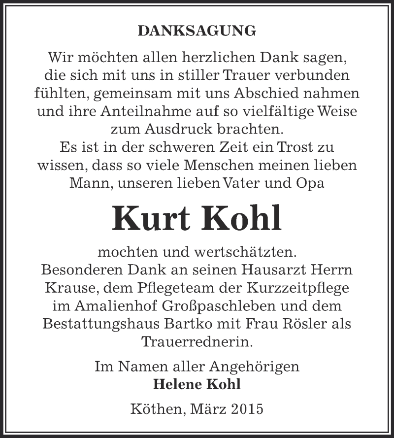  Traueranzeige für Kurt Kohl vom 15.03.2015 aus WVG - Wochenspiegel Dessau / Köthen