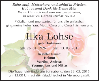Traueranzeige von Ilka Lohse von Mitteldeutsche Zeitung Merseburg/Querfurt