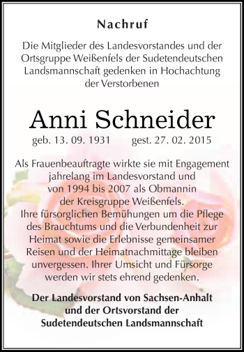 Traueranzeige von Anni Schneider von WVG - Wochenspiegel NMB / WSF / ZTZ