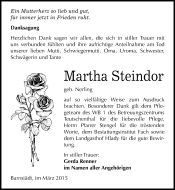 Traueranzeige von Martha Steindor von Mitteldeutsche Zeitung Merseburg/Querfurt