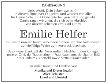 Traueranzeige von Emilie Theresia Helfer von WVG - Wochenspiegel Bitterfeld