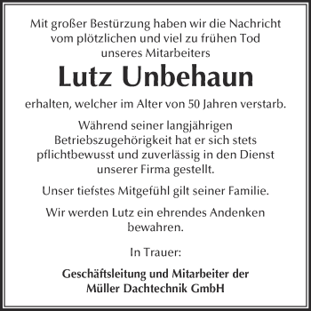 Traueranzeige von Lutz Unbehaun von WVG - Wochenspiegel Wittenberg