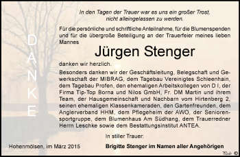 Traueranzeige von Jürgen Stenger von WVG - Wochenspiegel NMB / WSF / ZTZ