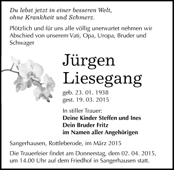 Traueranzeige von Jürgen Liesegang von Mitteldeutsche Zeitung Sangerhausen