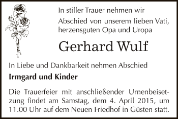 Traueranzeige von Gerhard Wulf von Super Sonntag Bernburg