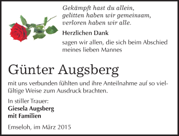 Traueranzeige von Günter Augsberg von Mitteldeutsche Zeitung Sangerhausen