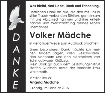 Traueranzeige von Volker Mädche von WVG - Wochenspiegel Dessau / Köthen