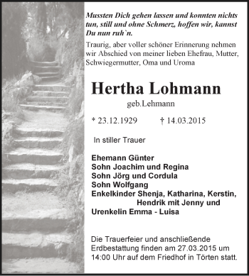 Traueranzeige von Hertha Lohmann von WVG - Wochenspiegel Dessau / Köthen
