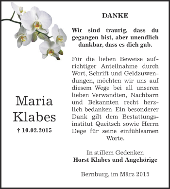 Traueranzeige von Maria Klabes von Super Sonntag Bernburg