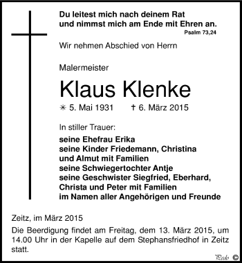 Traueranzeige von Klaus Klenke von Mitteldeutsche Zeitung Zeitz