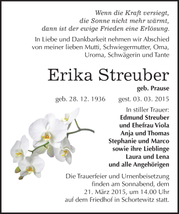 Traueranzeige von Erika Streuber von Mitteldeutsche Zeitung Köthen