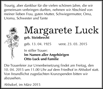 Traueranzeige von Margarete Luck von Mitteldeutsche Zeitung Mansfelder Land