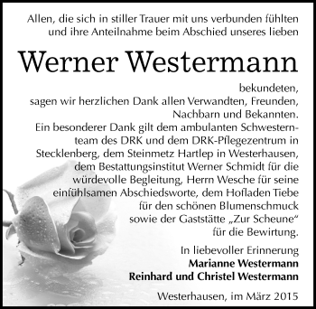 Traueranzeige von Werner Westermann von Mitteldeutsche Zeitung Quedlinburg