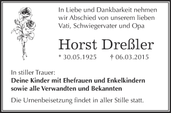 Traueranzeige von Horst Dreßler von WVG - Wochenspiegel Merseburg