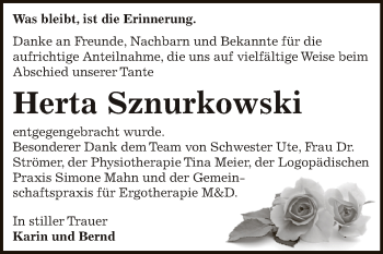 Traueranzeige von Herta Sznurkowski von WVG - Wochenspiegel Dessau / Köthen