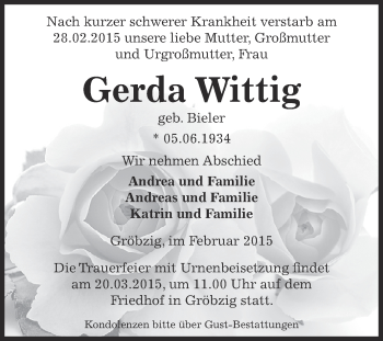 Traueranzeige von Gerda Wittig von WVG - Wochenspiegel Dessau / Köthen