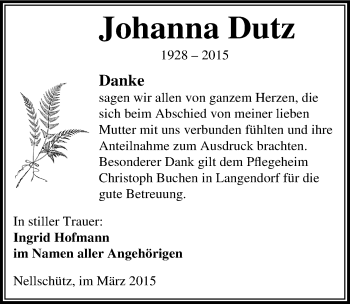Traueranzeige von Johanna Dutz von Mitteldeutsche Zeitung Weißenfels