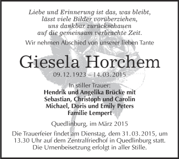Traueranzeige von Giesela Horchem von Super Sonntag Quedlinburg