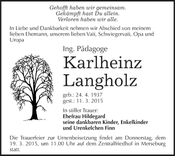 Traueranzeige von Karlheinz Langholz von WVG - Wochenspiegel Merseburg