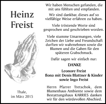 Traueranzeige von Heinz Freist von Mitteldeutsche Zeitung Quedlinburg