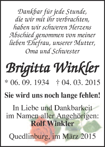 Traueranzeige von Brigitta Winkler von WVG - Wochenspiegel Quedlinburg