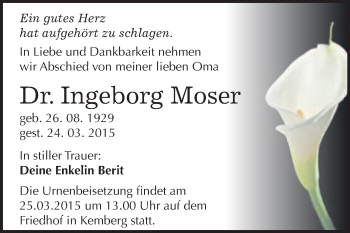 Traueranzeige von Ingeborg Moser von Super Sonntag Wittenberg
