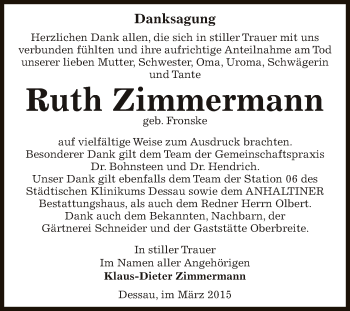 Traueranzeige von Ruth Zimmermann von WVG - Wochenspiegel Dessau / Köthen